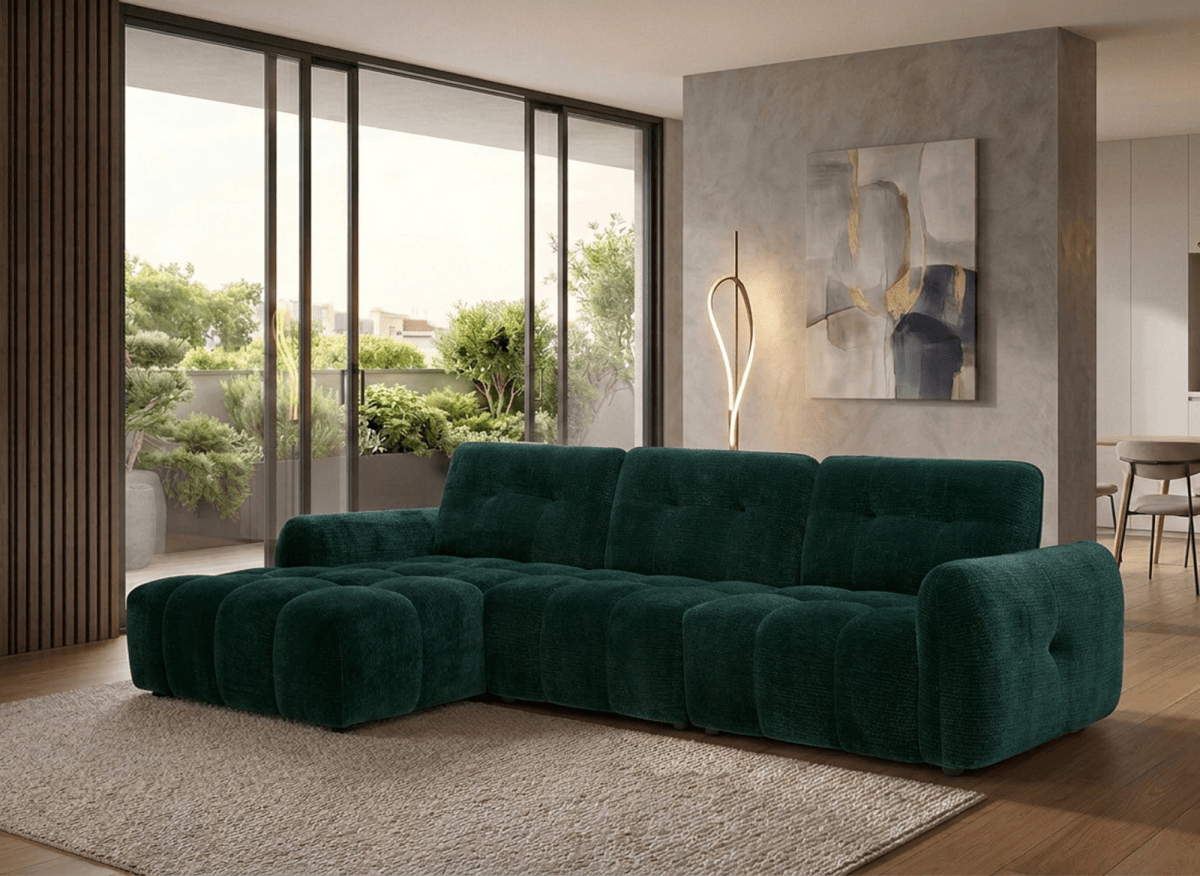 Canapé d'angle en velours tissé vert sapin avec dossier réglable ADONIS - Angle gauche - DécoInParis