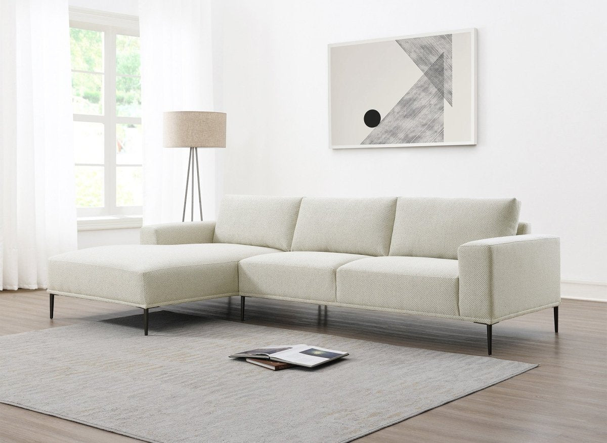 Canapé d'angle fixe avec méridienne en tissu beige ARNOLD - Angle Gauche - DécoInParis