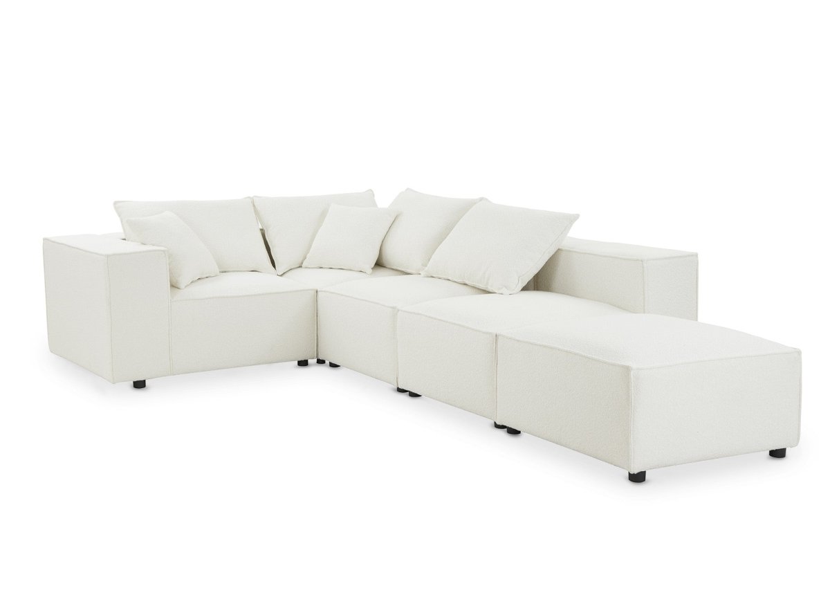 Canapé d'angle fixe modulable avec 1 pouf en tissu effet peau de mouton blanc écru HARLEM XL - DécoInParis