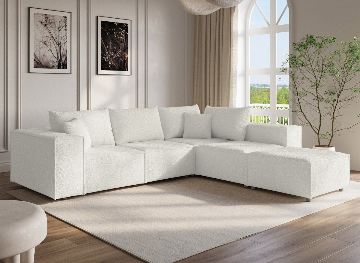 Canapé d'angle fixe modulable avec 1 pouf en tissu effet peau de mouton blanc écru HARLEM XL - DécoInParis