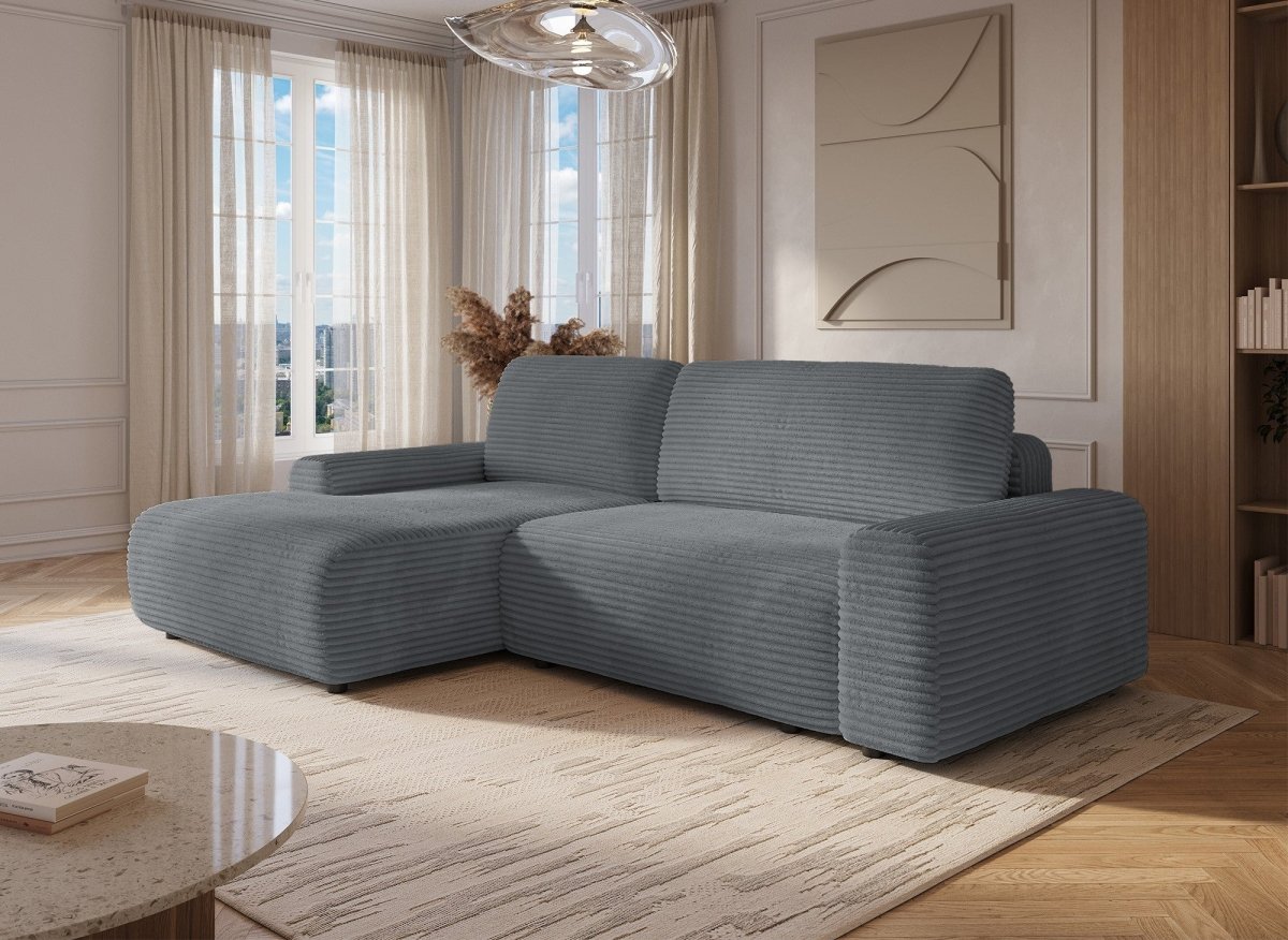 Canapé d'angle gauche convertible avec coffre en velours côtelé épais gris foncé BALI - Angle gauche - DécoInParis