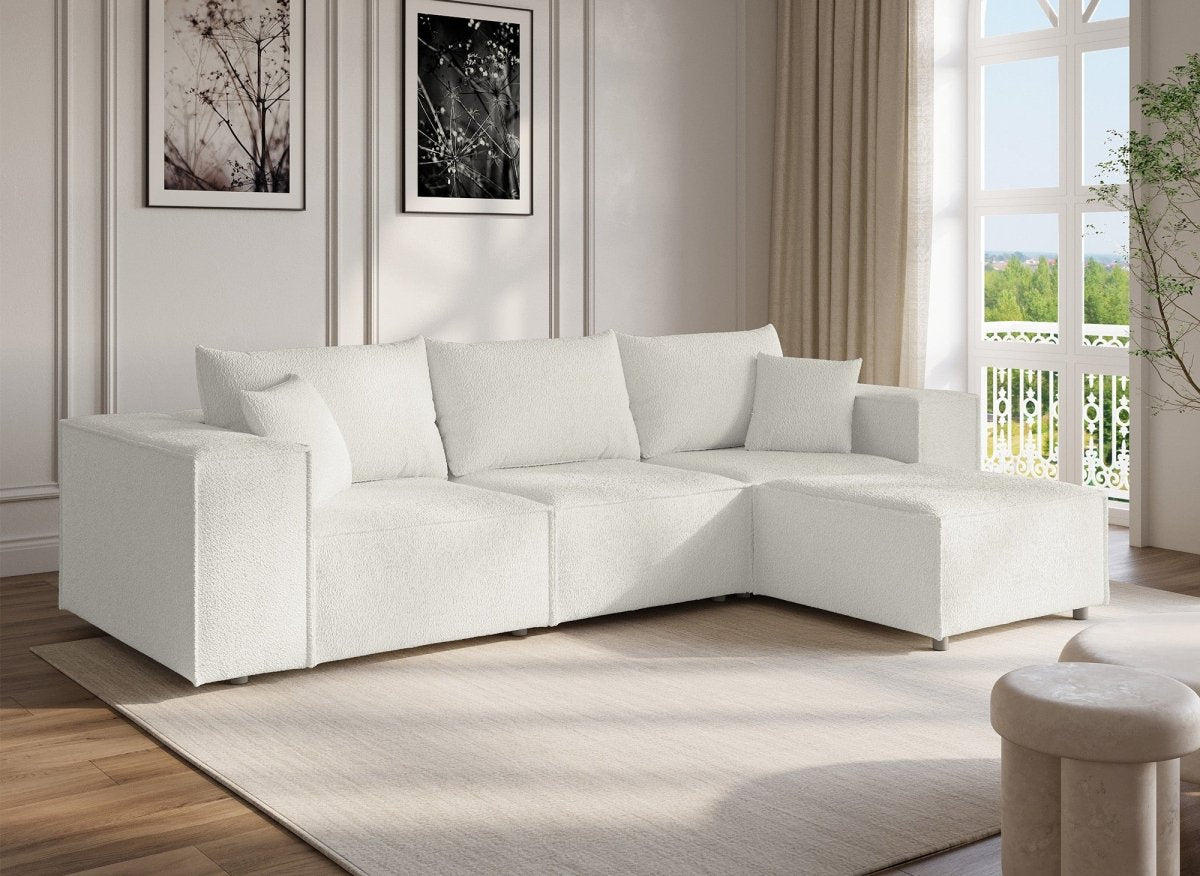 Canapé d'angle modulable en tissu effet peau de mouton blanc écru HARLEM - DécoInParis