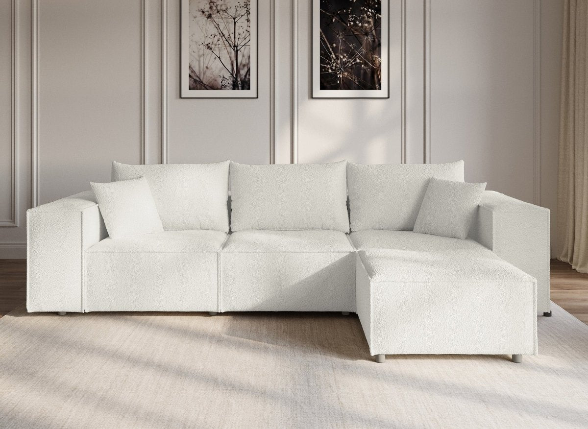 Canapé d'angle modulable en tissu effet peau de mouton blanc écru HARLEM - DécoInParis