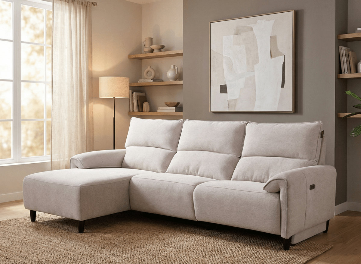 Canapé d’angle relax électrique en tissu beige LUDMILA - Angle gauche - DécoInParis