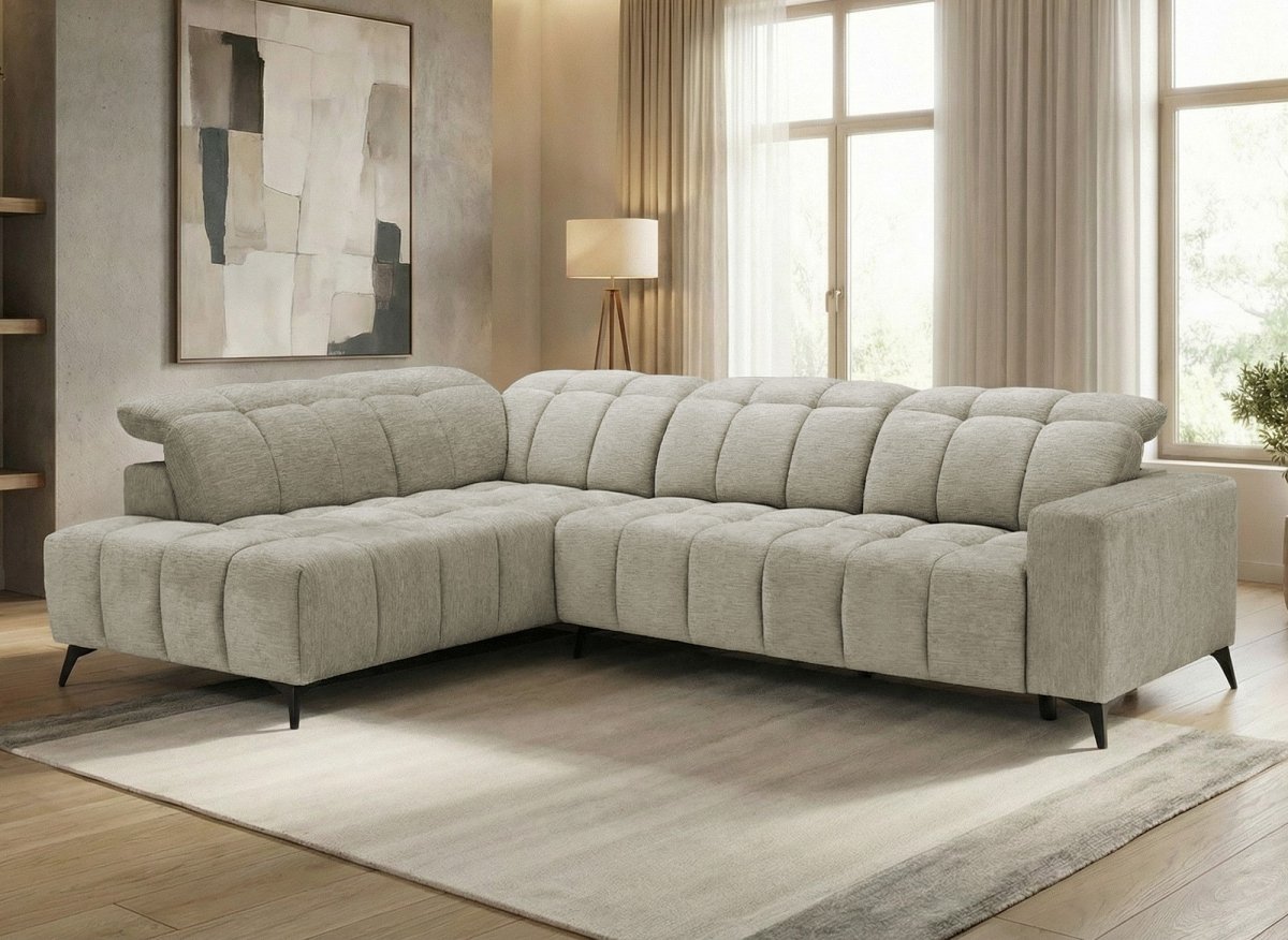 Canapé d'angle relax électrique en velours chiné beige ALVAR - Angle gauche - DécoInParis