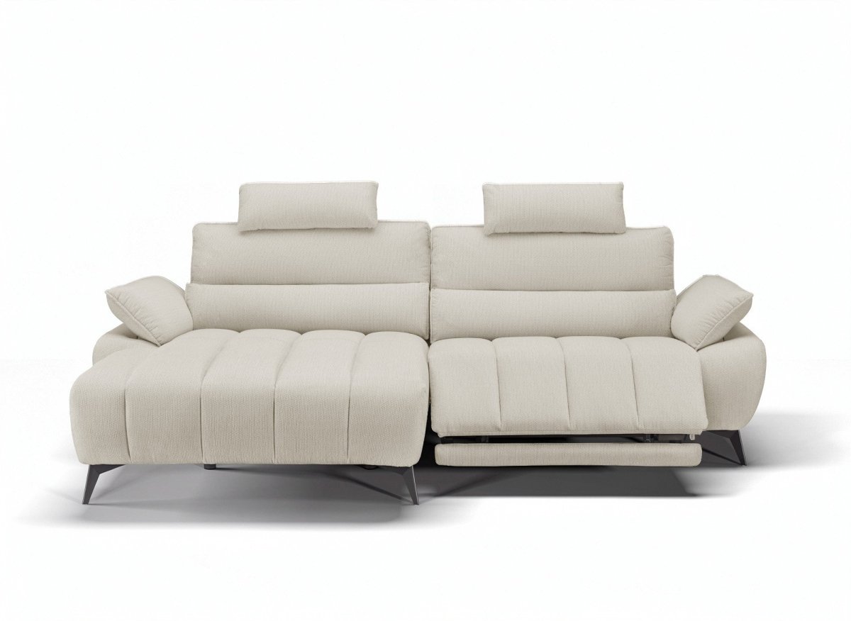 Canapé d’angle relax électrique en velours chiné beige LYANA - Angle gauche - DécoInParis