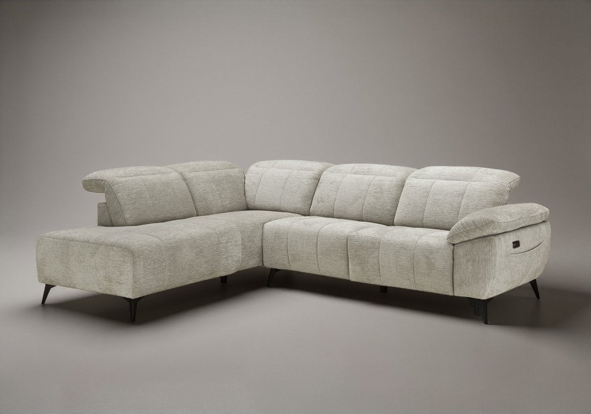 Canapé d'angle relax électrique en velours chiné beige SOLINA - Angle gauche - DécoInParis