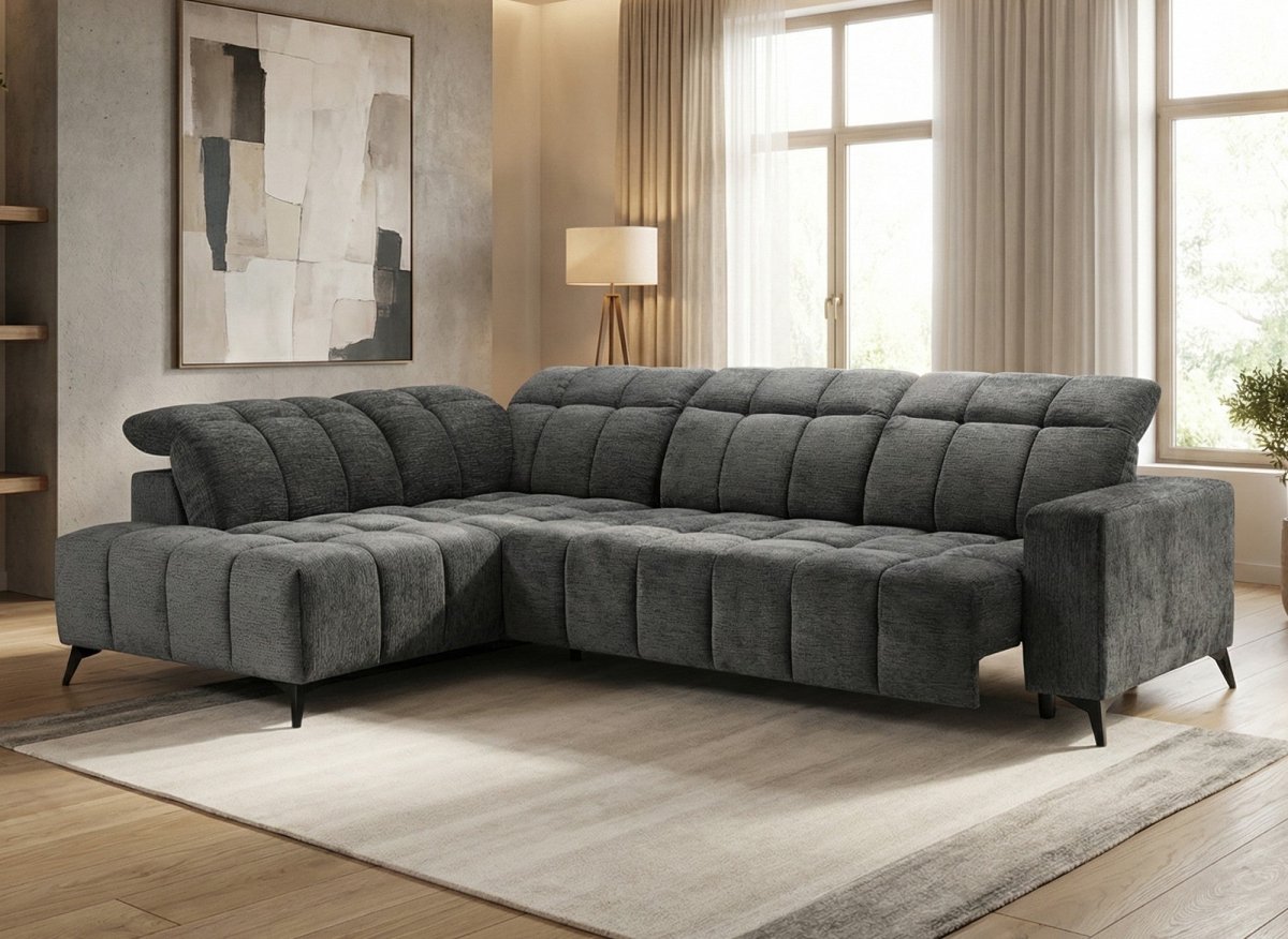 Canapé d'angle relax électrique en velours chiné gris ALVAR - Angle gauche - DécoInParis