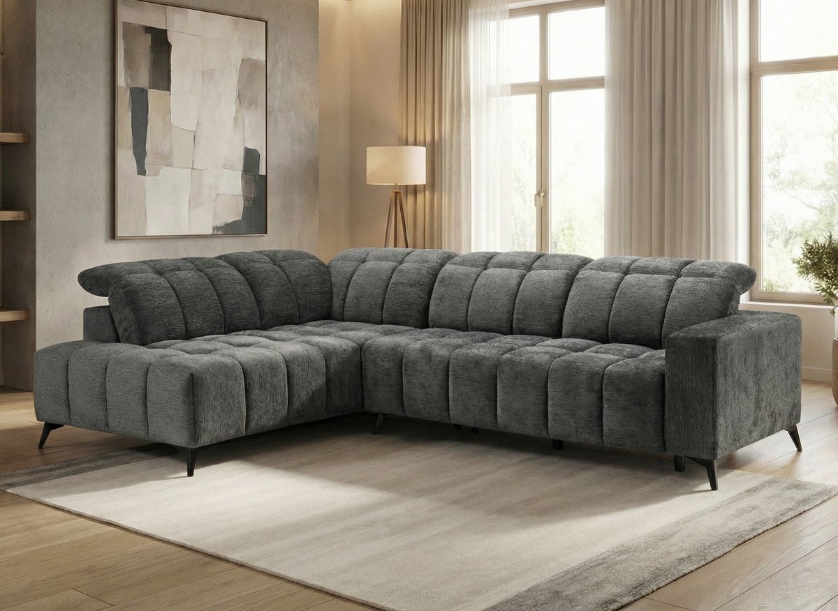 Canapé d'angle relax électrique en velours chiné gris ALVAR - Angle gauche - DécoInParis