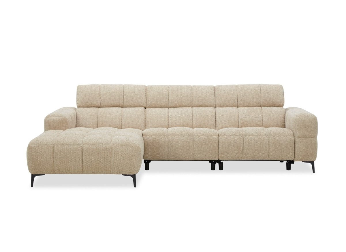 Canapé d'angle relax électrique en velours texturé taupe EDELMIRA - Angle gauche - DécoInParis