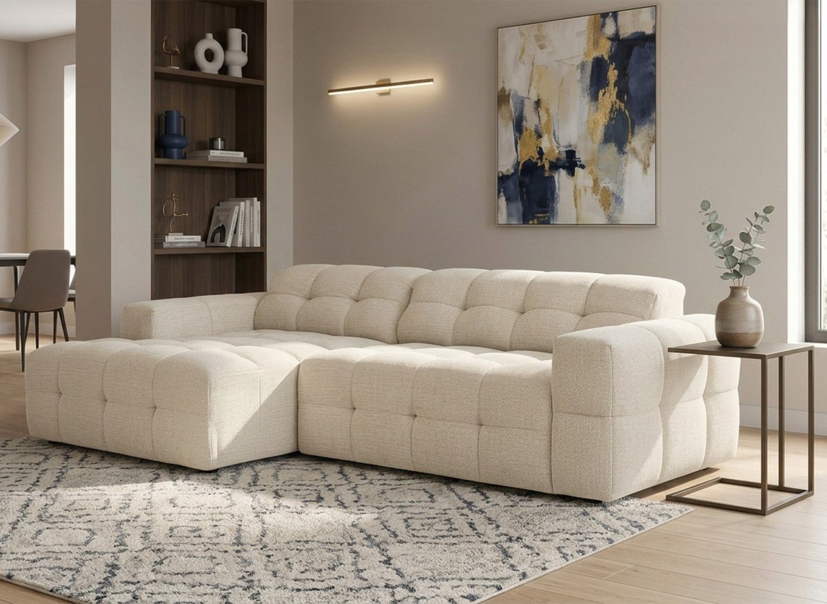 Canapé d'angle relax en velours texturé beige FEDORA - Angle gauche - DécoInParis