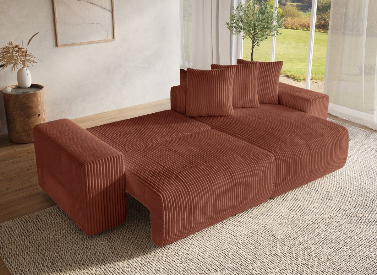 Canapé d'angle réversible convertible avec coffre en velours côtelé épais terracotta NOELIA - DécoInParis