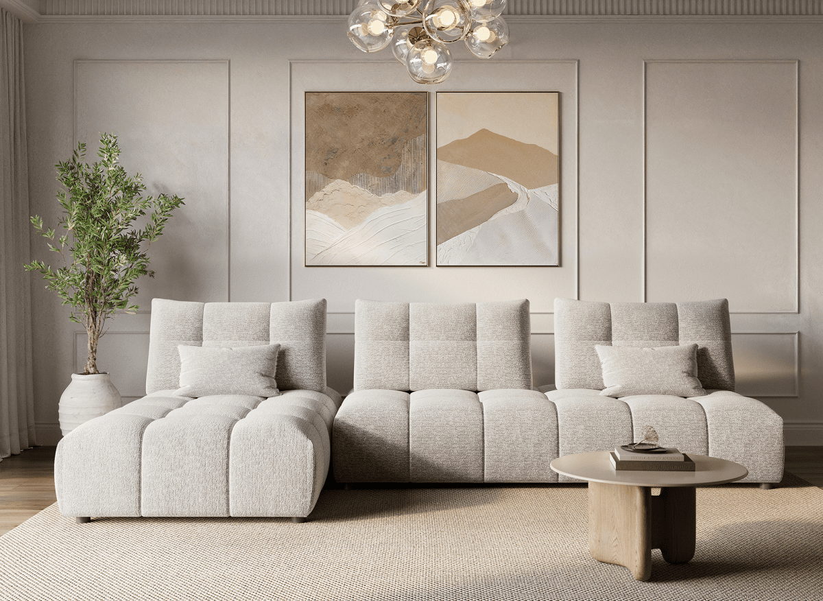 Canapé d'angle réversible en velours texturé beige ALANA - DécoInParis