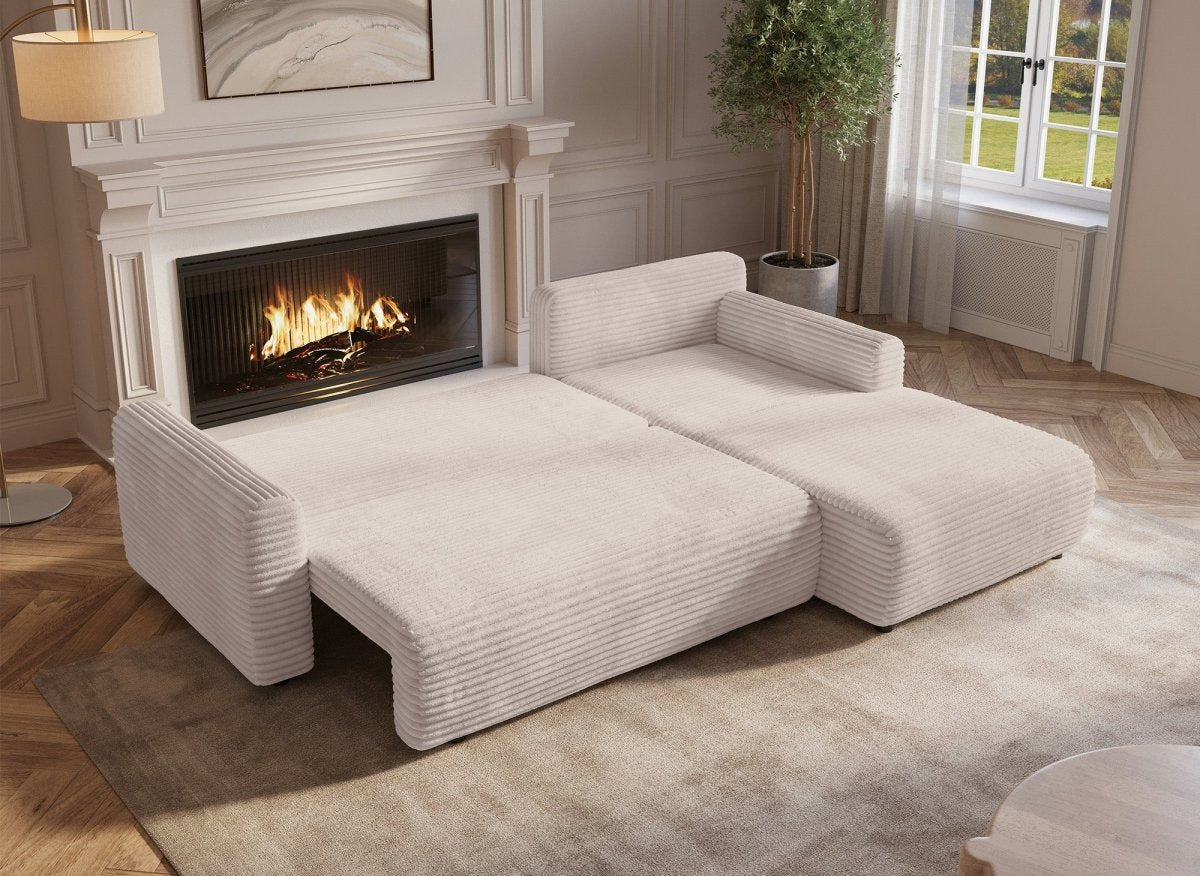 Canapé d'angle réversible et convertible avec coffre en velours côtelé épais beige KATIA - DécoInParis