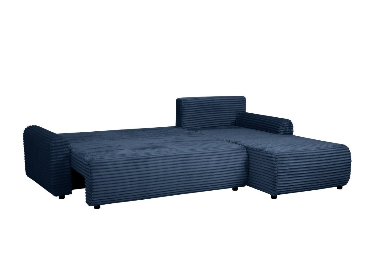 Canapé d'angle réversible et convertible avec coffre en velours côtelé épais bleu foncé KATIA - DécoInParis