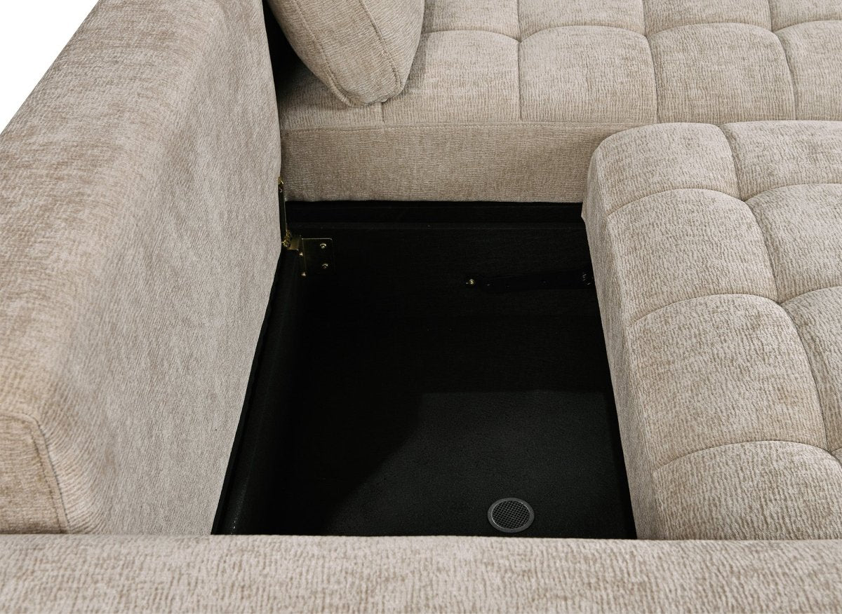 Canapé d'angle réversible et convertible avec coffres en velours tissé taupe LAUREANE - DécoInParis