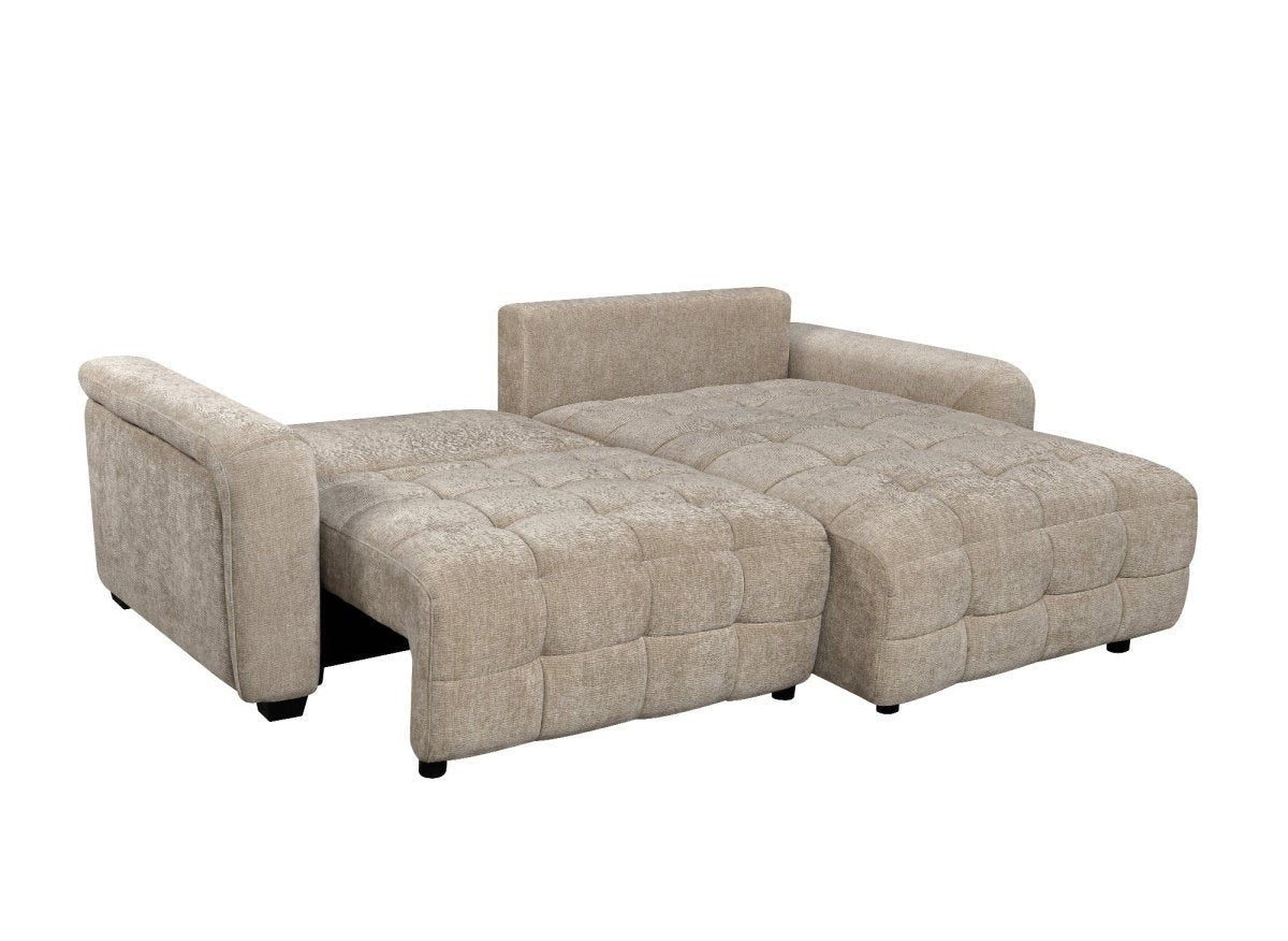 Canapé d'angle réversible et convertible avec coffres en velours tissé taupe LAUREANE - DécoInParis
