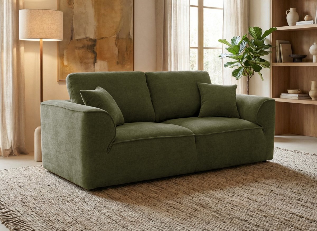 Canapé droit 3 places en velours chiné vert olive ABELIA - DécoInParis