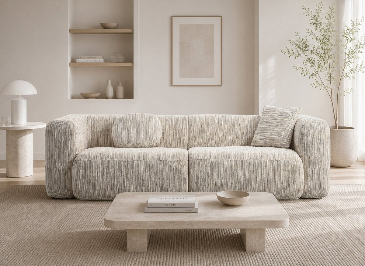 Canapé droit 3 places en velours texturé beige SAMANTHA - DécoInParis