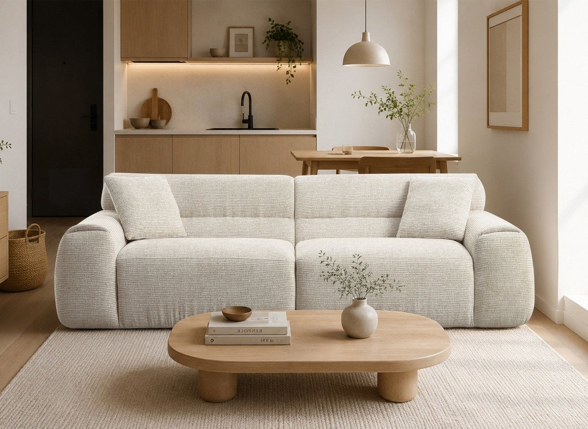 Canapé droit 3 places en velours texturé beige TAYLOR - DécoInParis