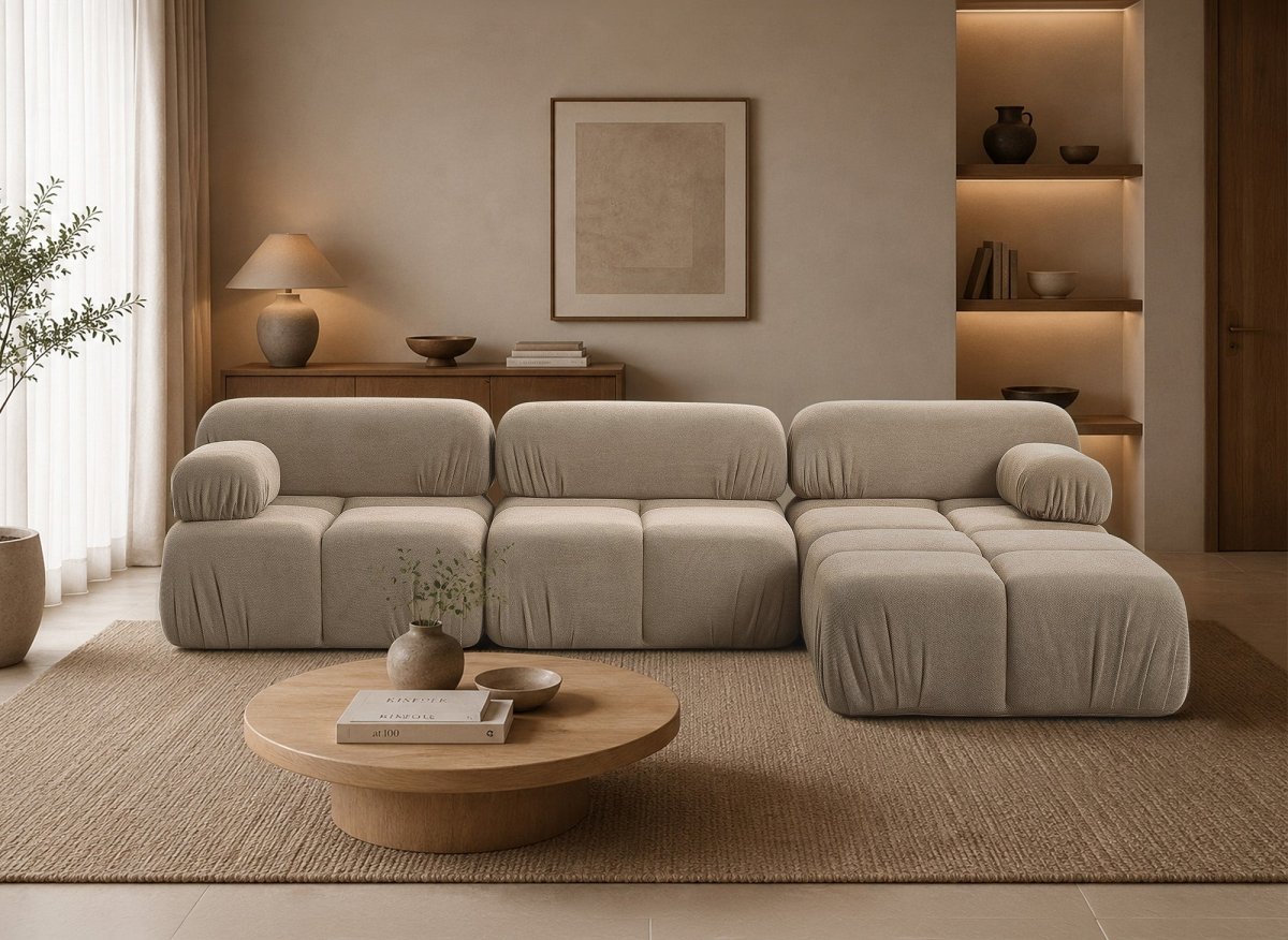 Canapé droit 3 places + pouf en velours texturé taupe SABRINA - DécoInParis