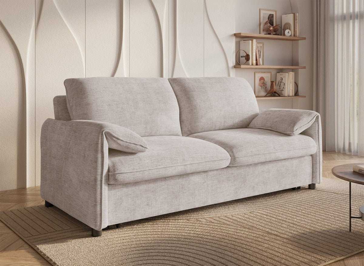 Canapé droit convertible 3 places en velours chiné beige LAMAR - DécoInParis