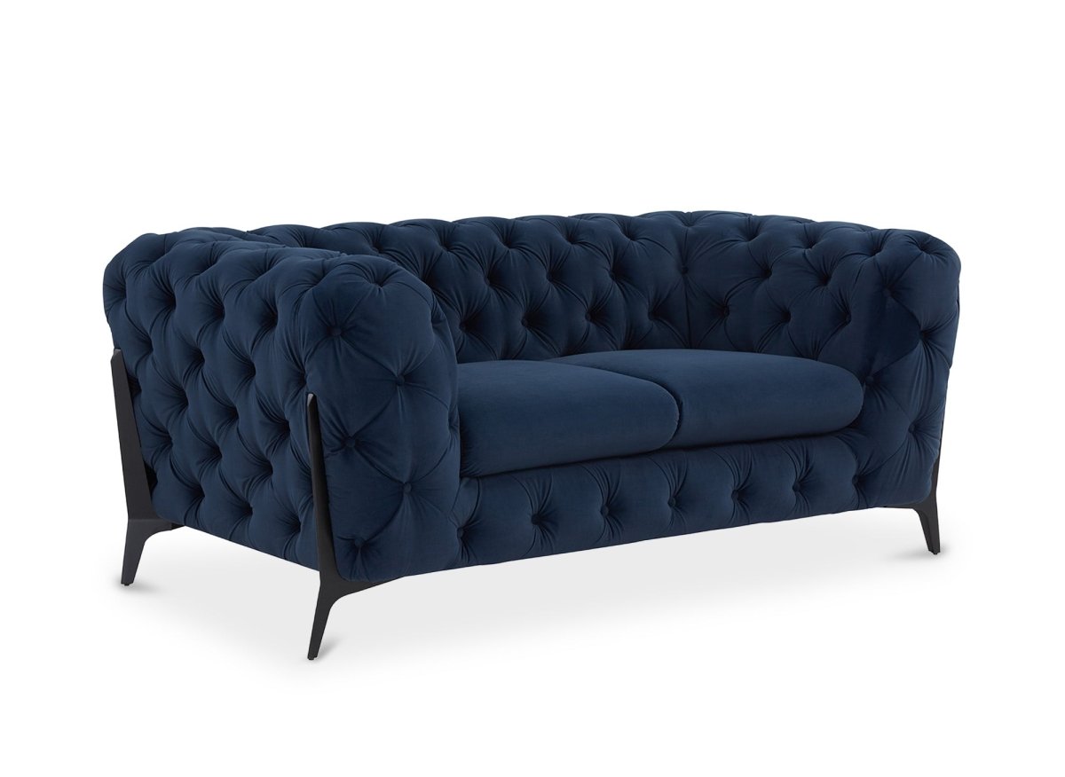 Canapé fixe 2 places capitonné chesterfield velours bleu CARMEN - DécoInParis