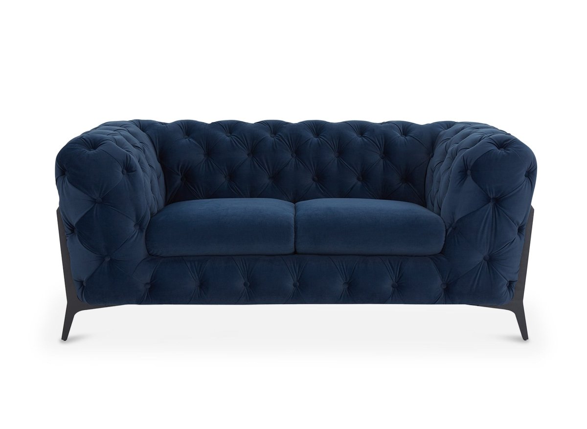 Canapé fixe 2 places capitonné chesterfield velours bleu CARMEN - DécoInParis