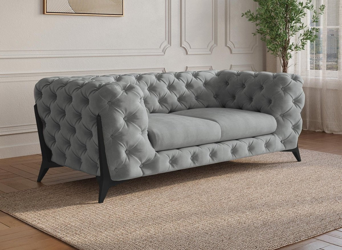 Canapé fixe 2 places capitonné chesterfield velours gris CARMEN - DécoInParis
