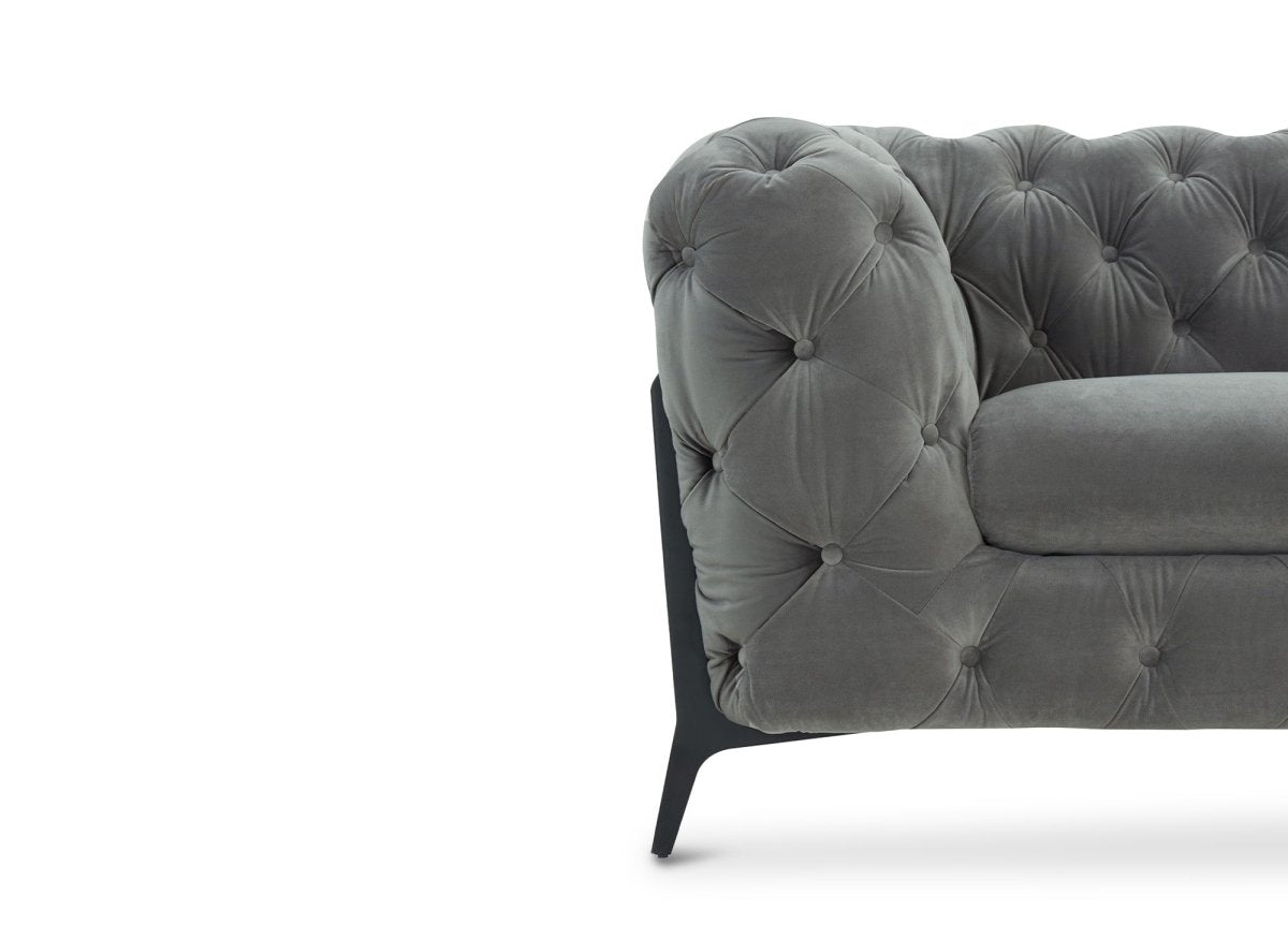 Canapé fixe 2 places capitonné chesterfield velours gris CARMEN - DécoInParis