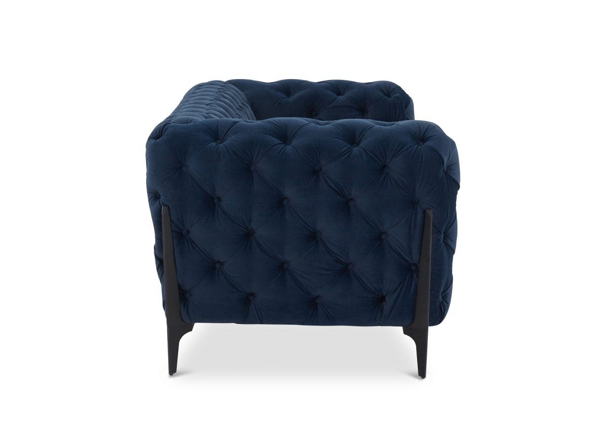 Canapé fixe 3 places capitonné chesterfield velours bleu CARMEN - DécoInParis