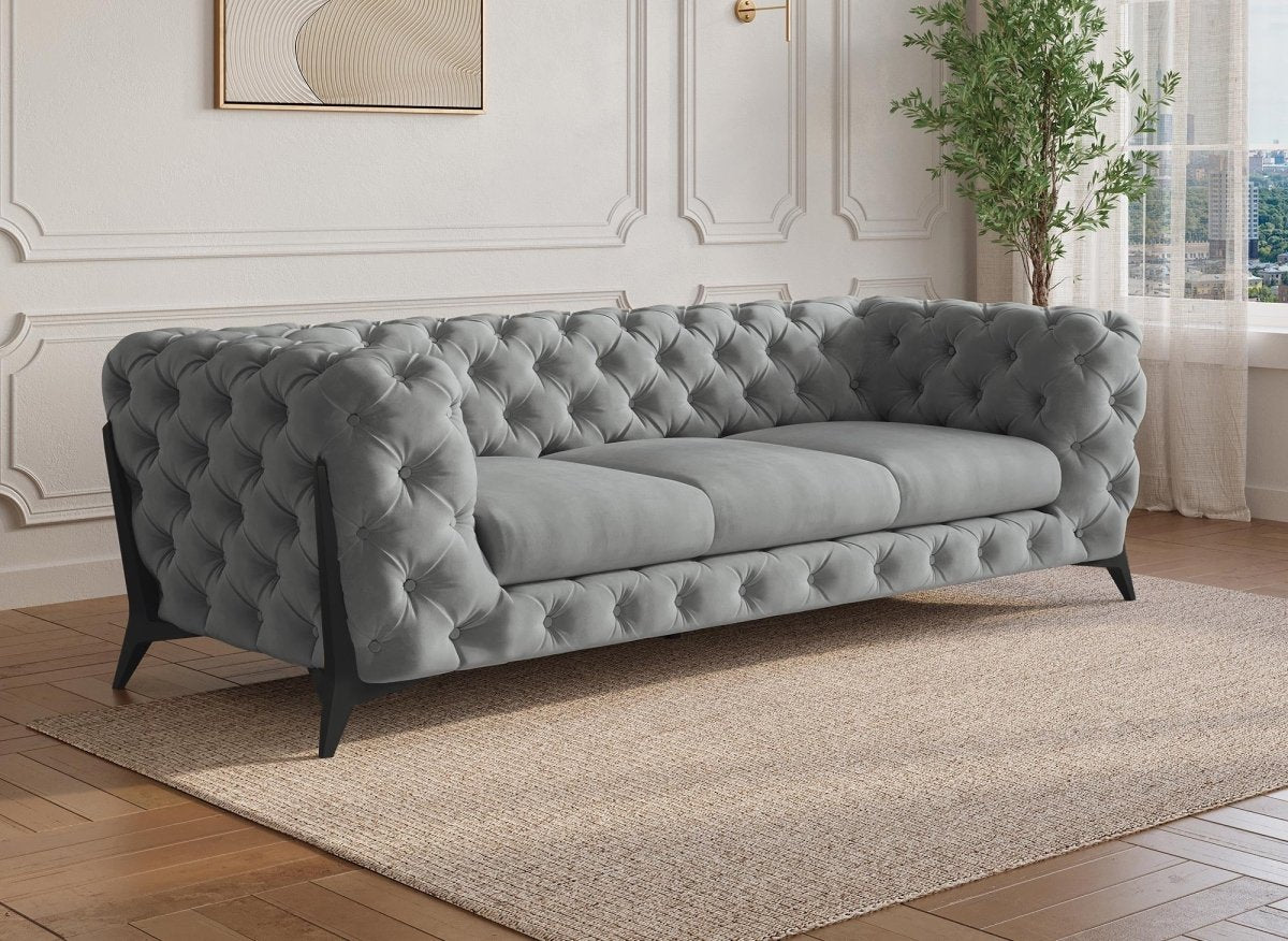 Canapé fixe 3 places capitonné chesterfield velours gris CARMEN - DécoInParis