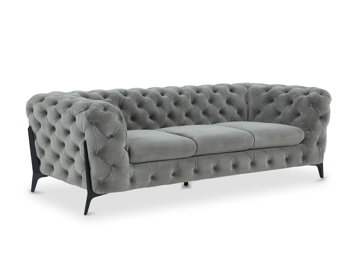 Canapé fixe 3 places capitonné chesterfield velours gris CARMEN - DécoInParis