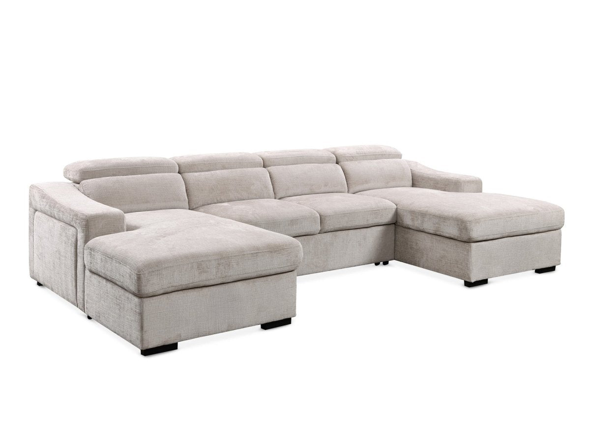 Canapé panoramique convertible avec 2 coffres en velours chiné beige VELORA - DécoInParis