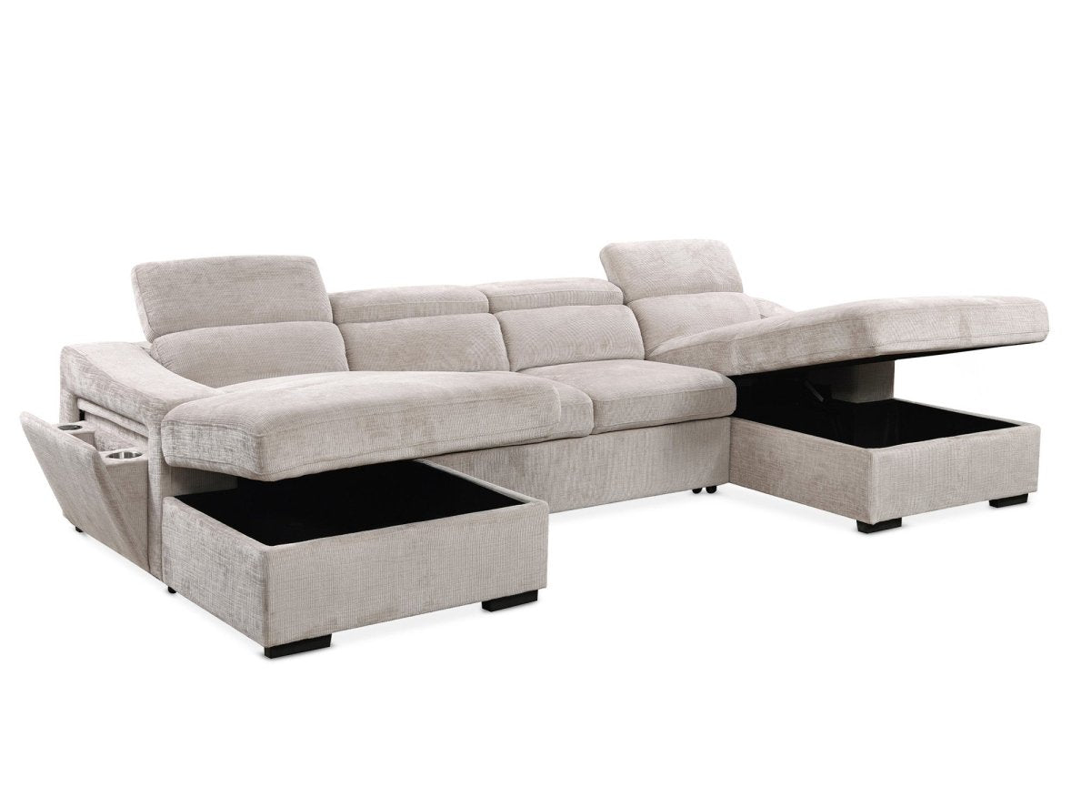 Canapé panoramique convertible avec 2 coffres en velours chiné beige VELORA - DécoInParis