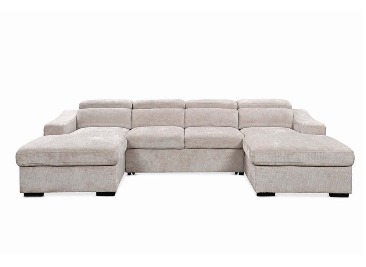 Canapé panoramique convertible avec 2 coffres en velours chiné beige VELORA - DécoInParis