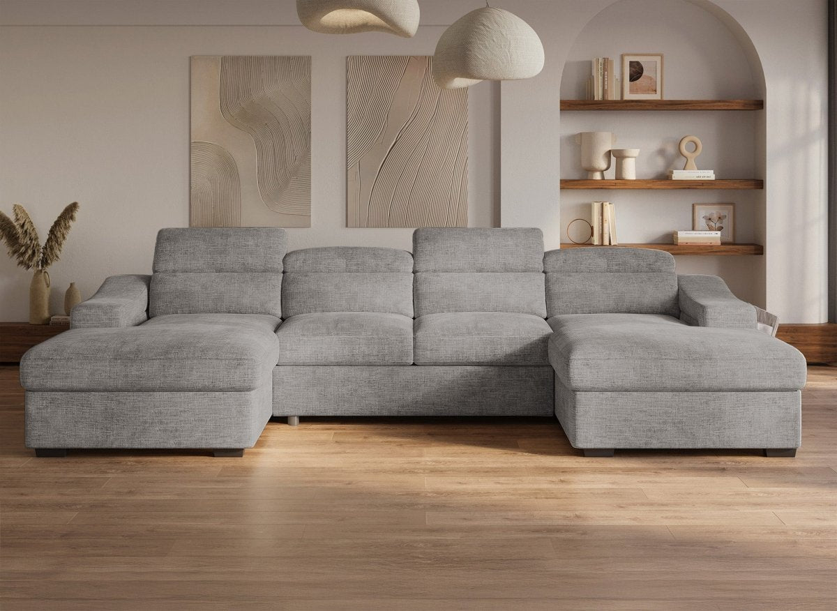 Canapé panoramique convertible avec 2 coffres en velours chiné gris VELORA - DécoInParis