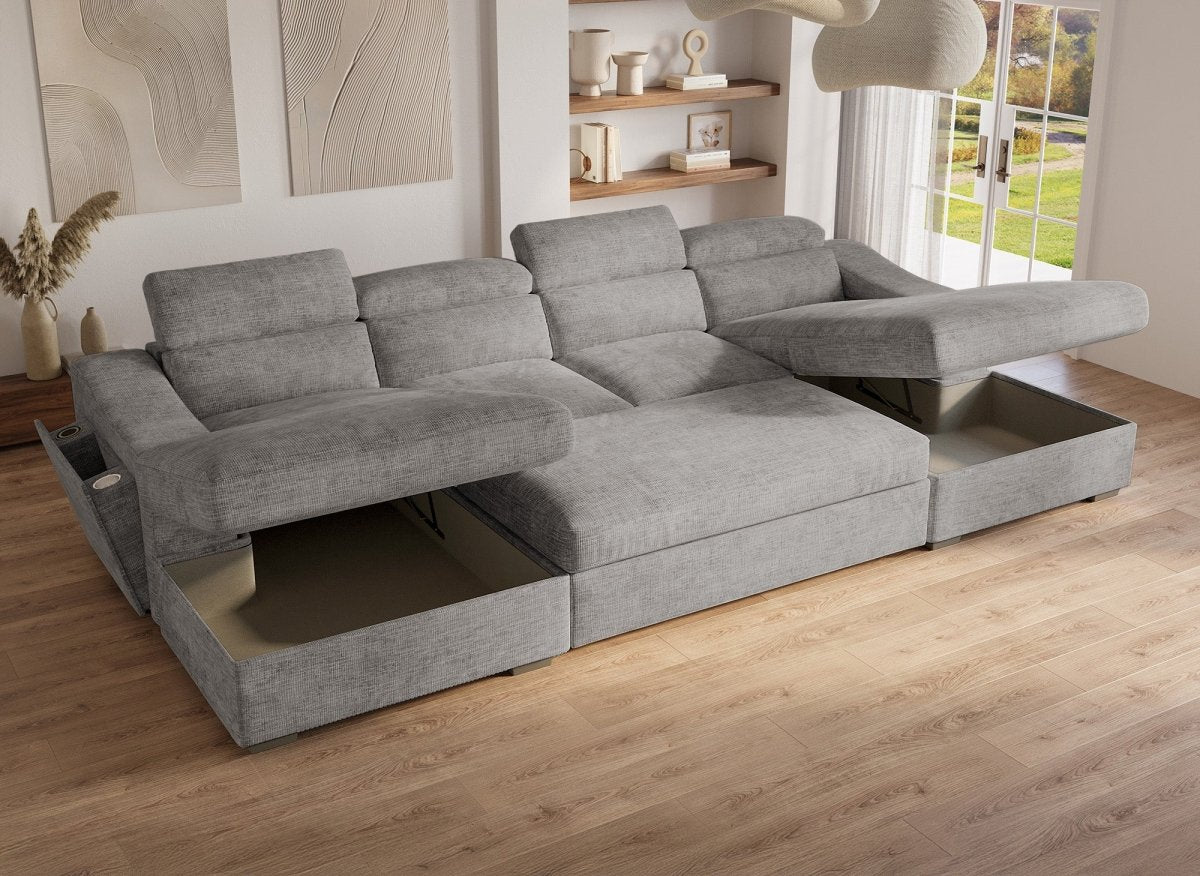 Canapé panoramique convertible avec 2 coffres en velours chiné gris VELORA - DécoInParis