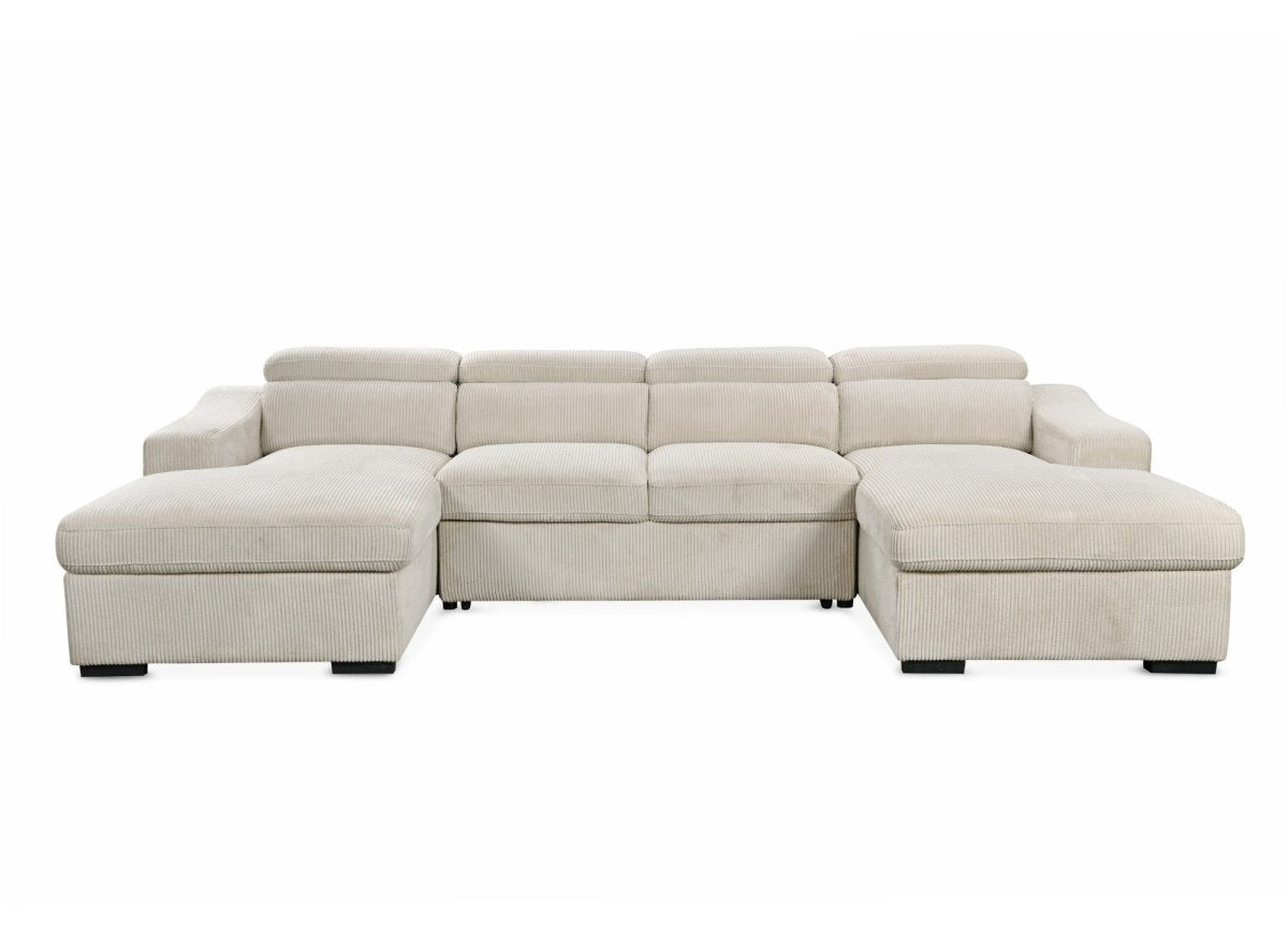 Canapé panoramique convertible avec 2 coffres en velours côtelé épais beige VELORA - DécoInParis