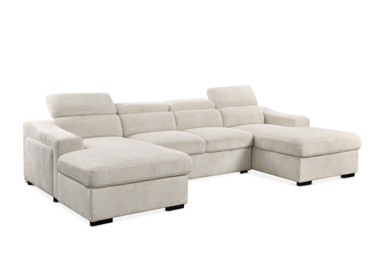 Canapé panoramique convertible avec 2 coffres en velours côtelé épais beige VELORA - DécoInParis