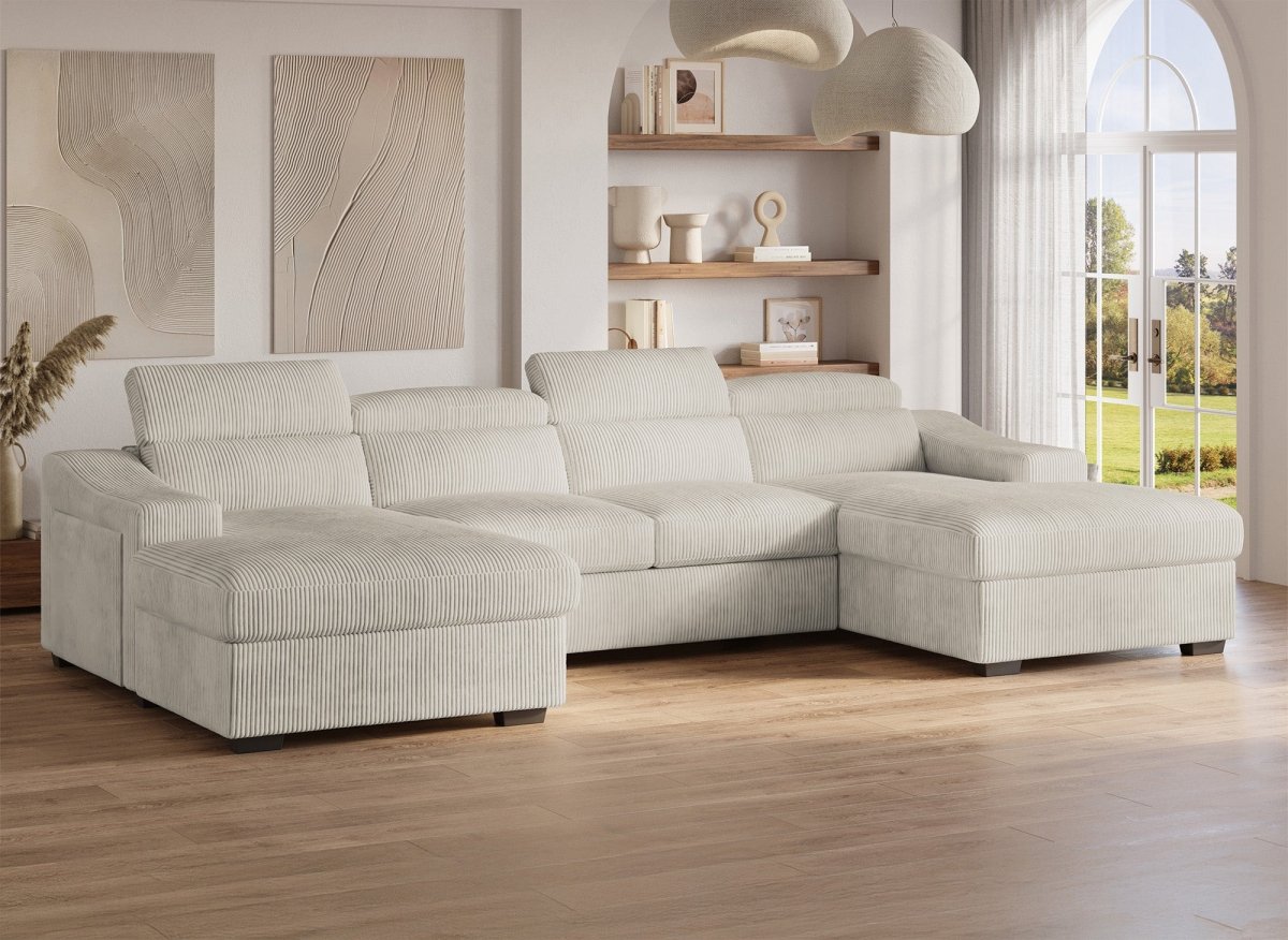 Canapé panoramique convertible avec 2 coffres en velours côtelé épais beige VELORA - DécoInParis