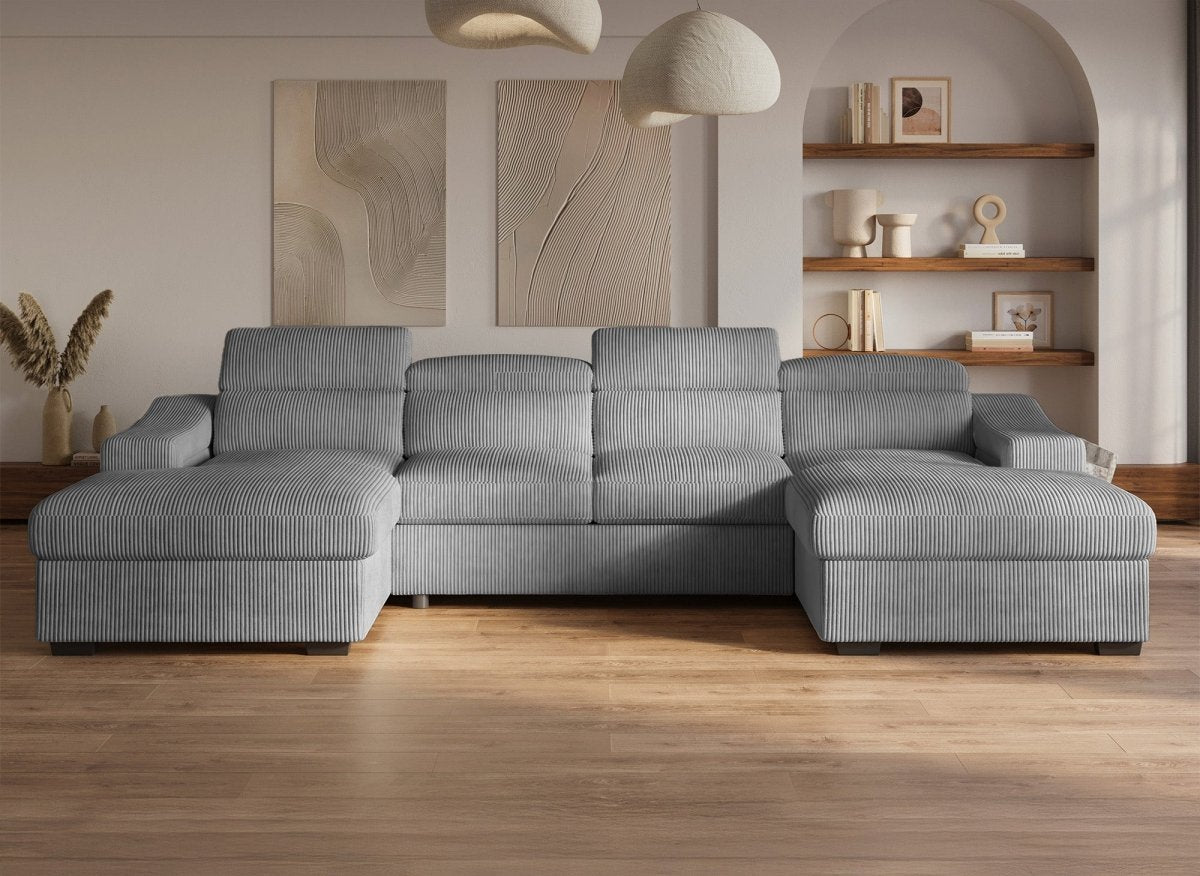 Canapé panoramique convertible avec 2 coffres en velours côtelé épais gris VELORA - DécoInParis