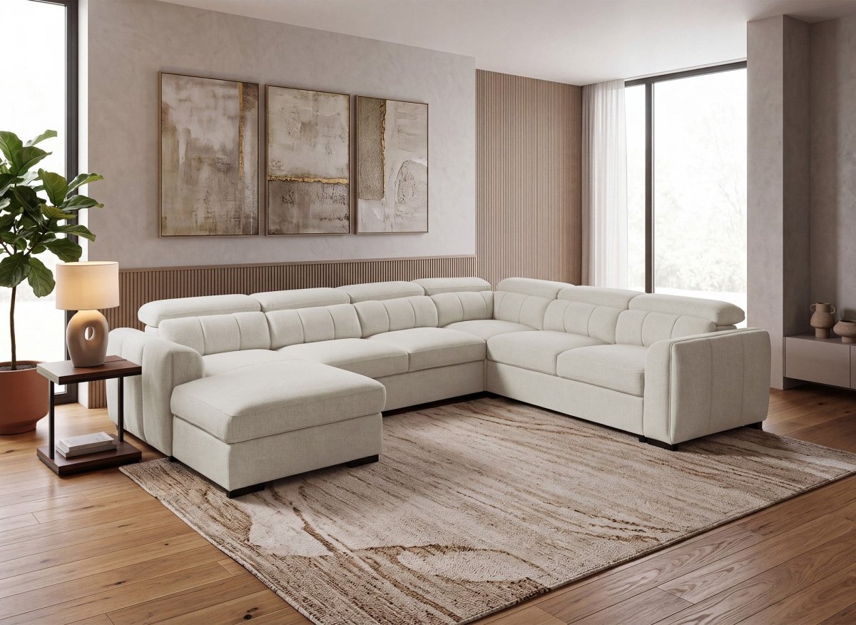 Canapé panoramique convertible avec coffre en tissu texturé beige NAJAH - Angle gauche - DécoInParis