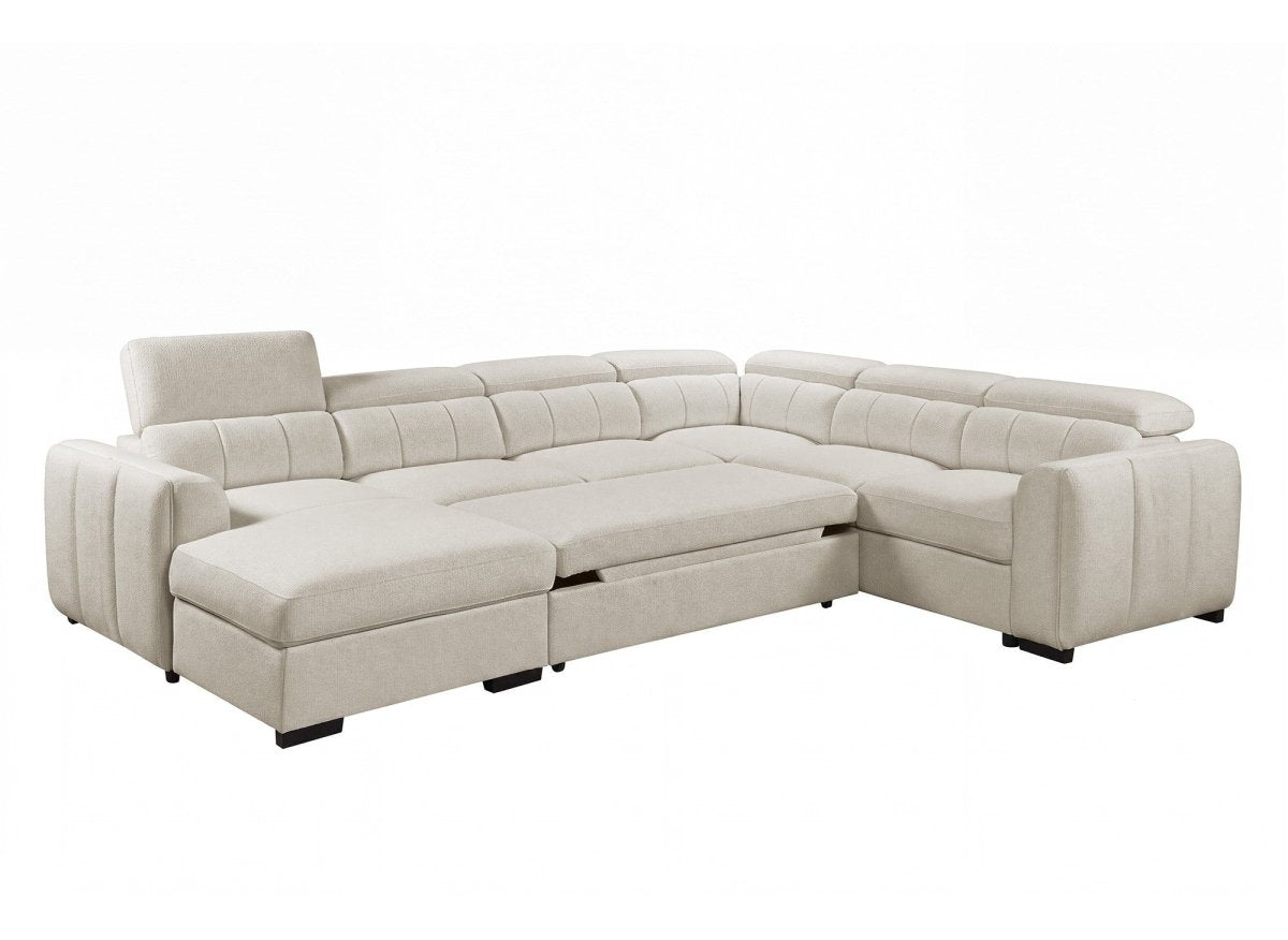 Canapé panoramique convertible avec coffre en tissu texturé beige NAJAH - Angle gauche - DécoInParis