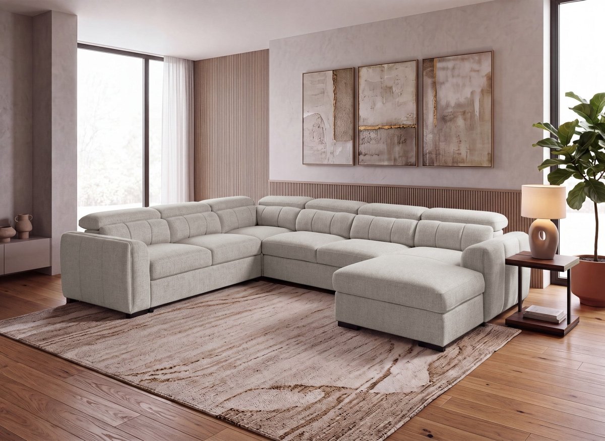 Canapé panoramique convertible avec coffre en tissu texturé taupe NAJAH - Angle droit - DécoInParis
