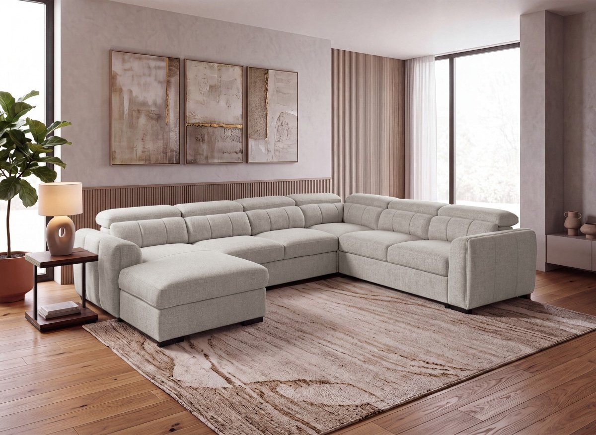 Canapé panoramique convertible avec coffre en tissu texturé taupe NAJAH - Angle gauche - DécoInParis
