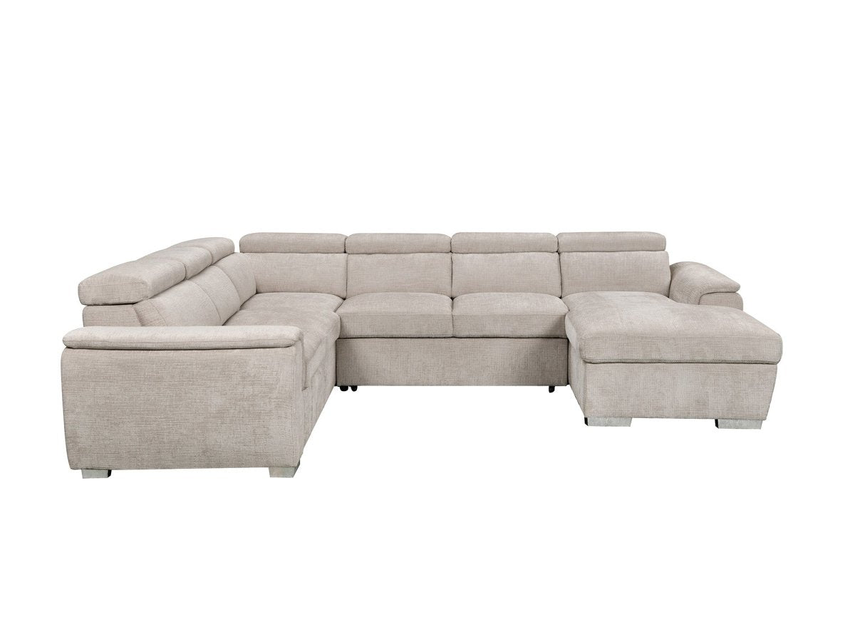 Canapé panoramique convertible avec coffre en velours chiné beige GAELLE - Angle droit - DécoInParis