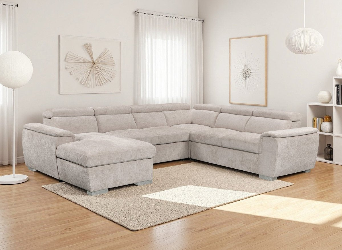 Canapé panoramique convertible avec coffre en velours chiné beige GAELLE - Angle gauche - DécoInParis