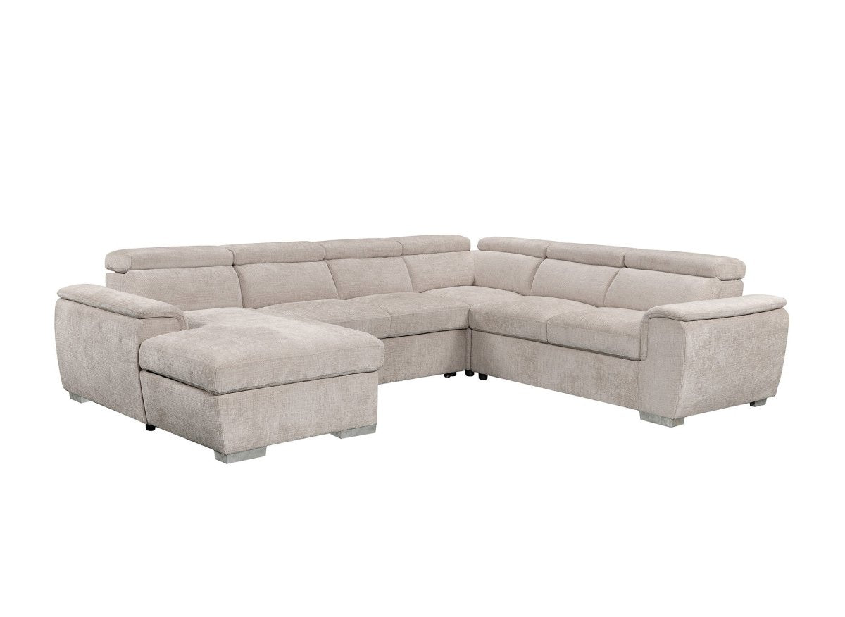 Canapé panoramique convertible avec coffre en velours chiné beige GAELLE - Angle gauche - DécoInParis