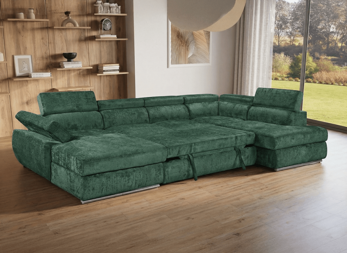 Canapé panoramique convertible avec coffre en velours chiné vert olive MARIANO - Angle gauche - DécoInParis